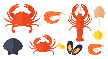 Illustration of various seafood items including crabs, shrimp, lobster, and shellfish arrayed nicely
