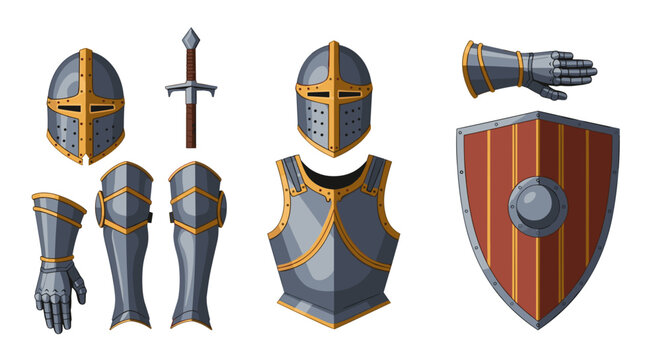 Illustration of a knight's armor set including helmet sword shield and various body coverings