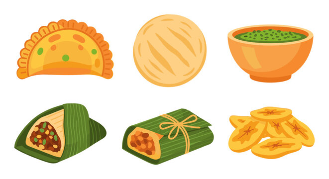 A collection of various latin american foods including empanadas arepas hallacas and plantain chips