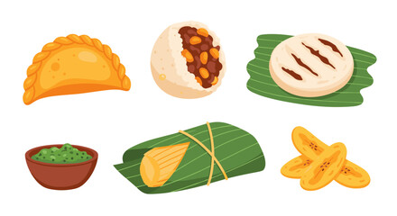 Illustration of various traditional venezuelan dishes including empanadas arepas and hallacas