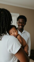 Obraz premium African american mother holds her sleeping newborn baby with father in background
