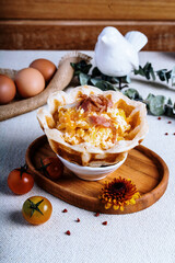 breakfast waffles, eggs, bacon