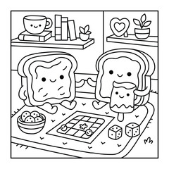 Kawaii Toast Friends Coloring Page – Cute Bread Characters Playing Board Games, Cozy Indoor Scene, Fun Printable for Kids and Families