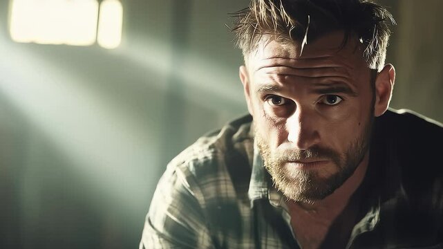 Focused Man with Firm Eyes Thinks About the Future