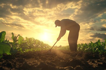 Farmer Silhouetted Working in Field at Sunset, Cultivating Soil with a Hoe, Agricultural Concept
