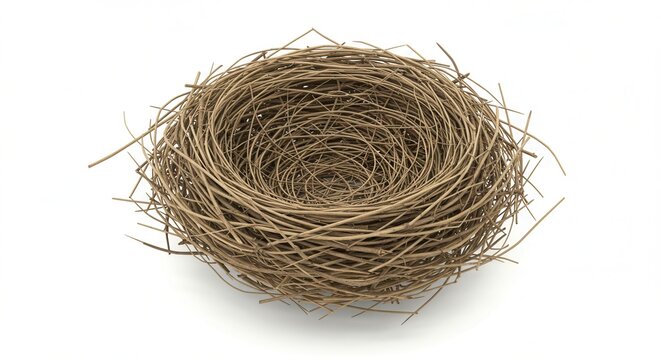An empty bird nest made of twigs is isolated on white background