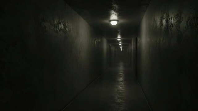 Dark corridor with flickering lights creating a mysterious atmosphere