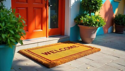 Welcoming Colorful Doormat in Sunlight, Inviting Entrance to Building, Cheerful Atmosphere