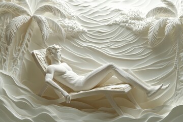 Fototapeta premium Paper Sculpture of a Man Relaxing on a Beach Chair, Palm Trees and Waves.
