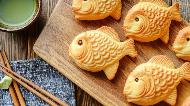 Several taiyaki fish cakes are displayed on a wooden board with matcha tea