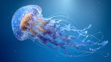 Glowing jellyfish in deep blue water