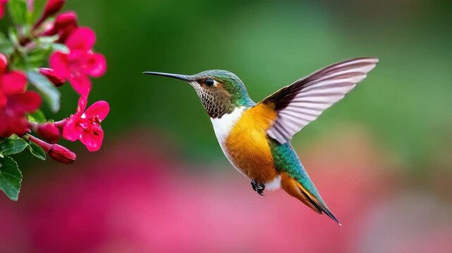 Colorful hummingbird with green, orange, and white feathers flying in nature, hovering near vibrant red flowers, bird in wildlife garden, delicate wings blurred, peaceful outdoor springtime