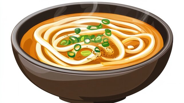A bowl of udon noodles with scallions isolated on white background