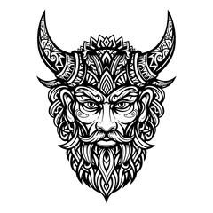 Horned God illustration with intricate patterns and detailed features  