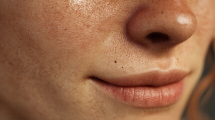 Fototapeta premium A closeup of a womans face showcases her freckled skin and subtle smile