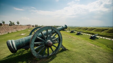 A cannon sits on a grassy hill overlooking a field on a summer day