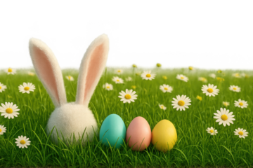 Isolate transparent Cute bunny with colorful eggs in a field of daisies, celebrating Easter joyfully. PNG