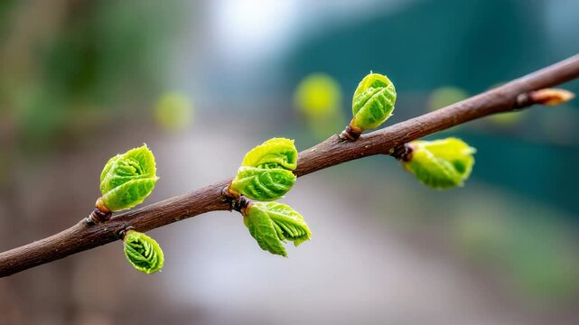 Fresh green leaf and buds sprouting on tree branch, symbolizing new plant growth and renewal in spring, vibrant nature and peaceful seasonal change, close up of fresh green branch and natural beauty