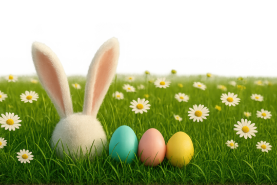 Isolate transparent Cute bunny with colorful eggs in a field of daisies, celebrating Easter joyfully. PNG