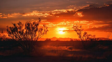 Naklejka premium The sun sets over the desert landscape, casting a warm glow