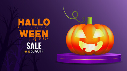 Halloween sale promo banner template offer design. Festive creepy design poster website. Vector illustration.