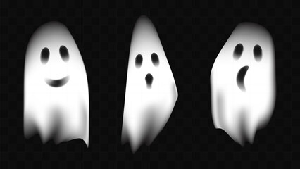 Halloween kind ghost realistic white spirit spooky isolated on transparent background. Scary poltergeist flying night. Banner and poster design website advertising. Vector illustration.