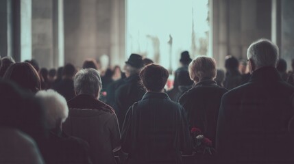 Obraz premium A crowd of people gathers for a memorial service in a church