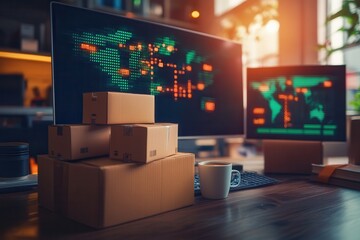 Modern office workspace with stacked boxes, coffee cup, and dual monitors displaying data visuals