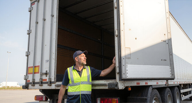 Man in safety vest at open semi-truck trailer checks cargo. Sunny day. Logistics worker preparing to load or unload cargo. - Powered by Adobe