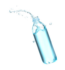 Plastic bottle with splashing water in air on white background