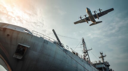 A cargo plane flies over a weathered military ship in the bright sky