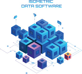 Fototapeta premium Isometric Data Server. Energy station of future. Analytics data servers, server room banner. Network mainframe infrastructure. Hardware of global data center. Big data processing and analysing.