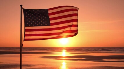 American flag waves at sunset reflecting over the ocean, creating a patriotic scene with copy space. - Powered by Adobe