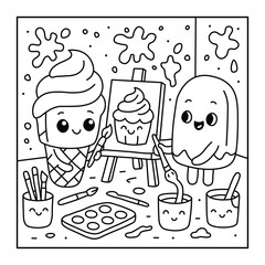 Kawaii Dessert Friends Coloring Page – Ice Cream & Popsicle Painting Scene for Kids and Teens