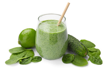 Tasty spinach smoothie and ingredients isolated on white