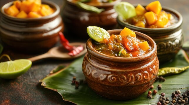 Bowls of stew with lime and chili pepper on a banana leaf - Powered by Adobe