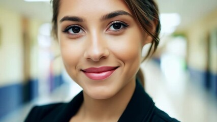 Smiling businesswoman portrait in office corridor