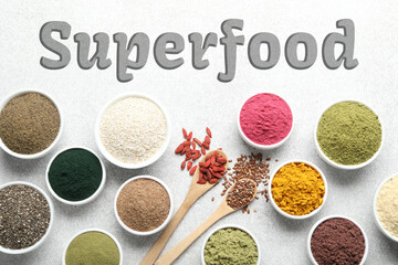 Superfood. Different powders and food products on light table, flat lay