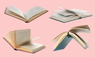 Open hardcover books against pink background, collage