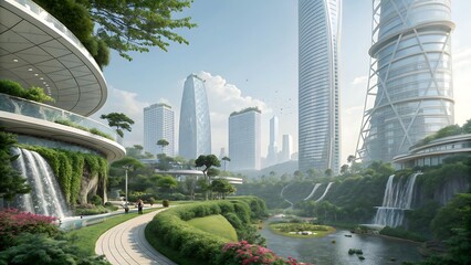 Fototapeta premium A futuristic city landscape with skyscrapers, waterfalls, and lush green vegetation views