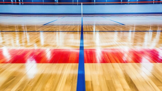 An empty indoor court with polished wooden floor is ready for a game