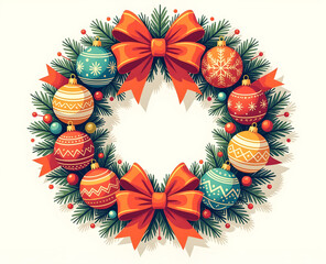 Christmas wreath with colorful ornaments and orange ribbons is creating festive atmosphere