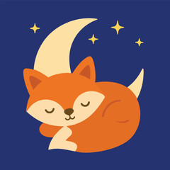 A small fox sleeps peacefully under a crescent moon and stars