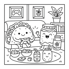 Taco & Jam Gaming Coloring Page – Cute Kawaii Food Friends