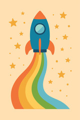 A rocket flies through the air, leaving a rainbow trail behind