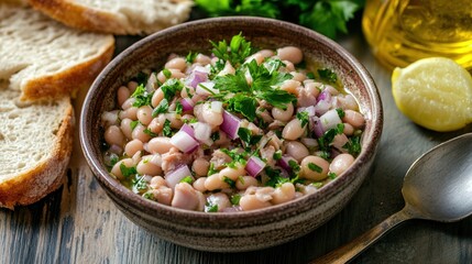 A bowl of white bean salad with parsley and red onion is served with bread