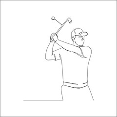 Continuous one line drawing of a male golfer swinging a golf club, wearing a cap and shirt, captured in a minimalist style on white background.
