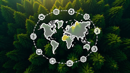 Global network of sustainable icons connecting across a stylized world map over a lush green forest canopy