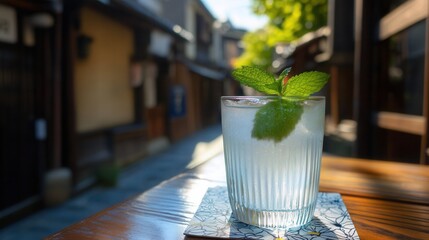 Naklejka premium A refreshing mint cocktail sits on a table in a traditional kyoto street