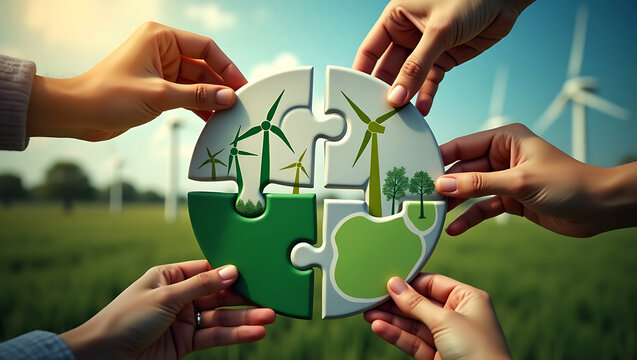 Hands assembling a circular puzzle depicting wind turbines and trees against a backdrop of a wind farm and blue sky